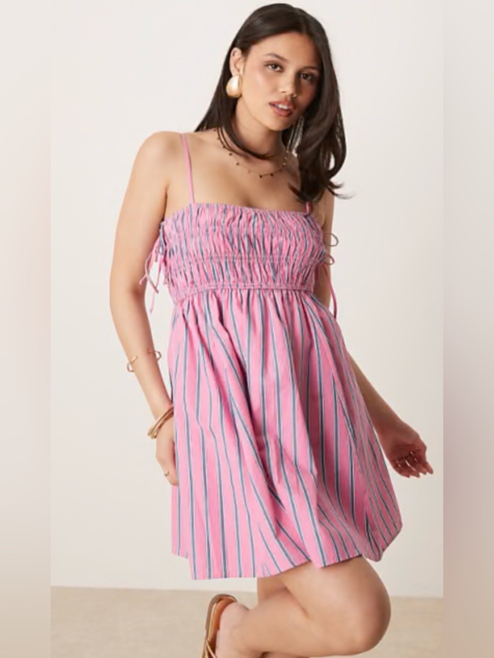 Abercrombie & Fitch Pink and Navy Striped Smocked babydoll dress